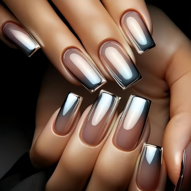 Gray Chrome Press on Nails Medium Square Fake Nails Silver Gradient French Tip Glossy Shiny Full Cover Laser Acrylic False Stick on Nail Reusable for Women Girls Manicure Decoration 24Pcs