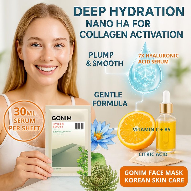 GONIM Face Mask Korean Skin Care with Hyaluronic Acid Serum, Collagen Activation, Vitamin C-Face Masks Skincare Hydration, Moisturizing Sheet Mask, Travel Essentials, Korean Face Mask 30ml x5pcs