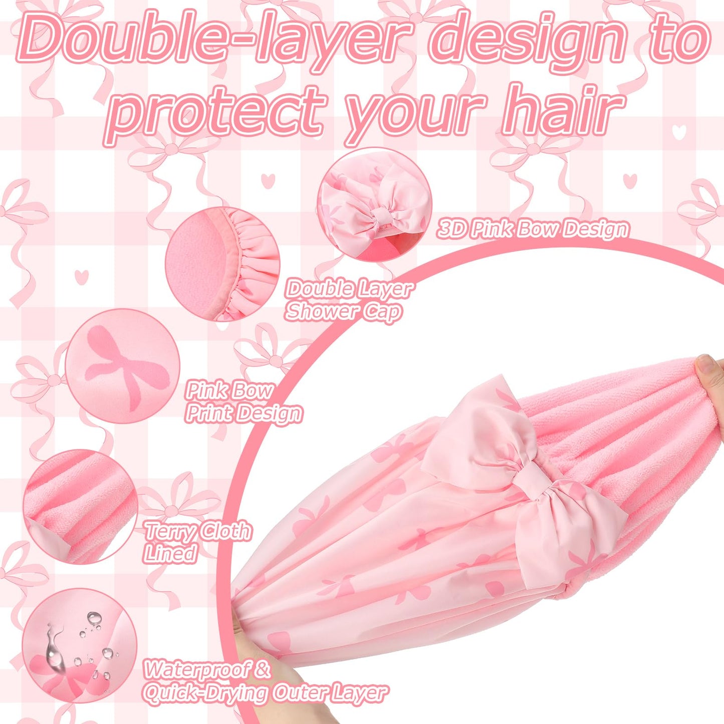 Janmercy Pink Bow Shower Cap for Women Terry Lined Shower Cap Reusable Waterproof Double Layer Bath Bonnet Adjustable Non Slip Quick Dry for Braids Long Straight Curly Hair Women Gifts
