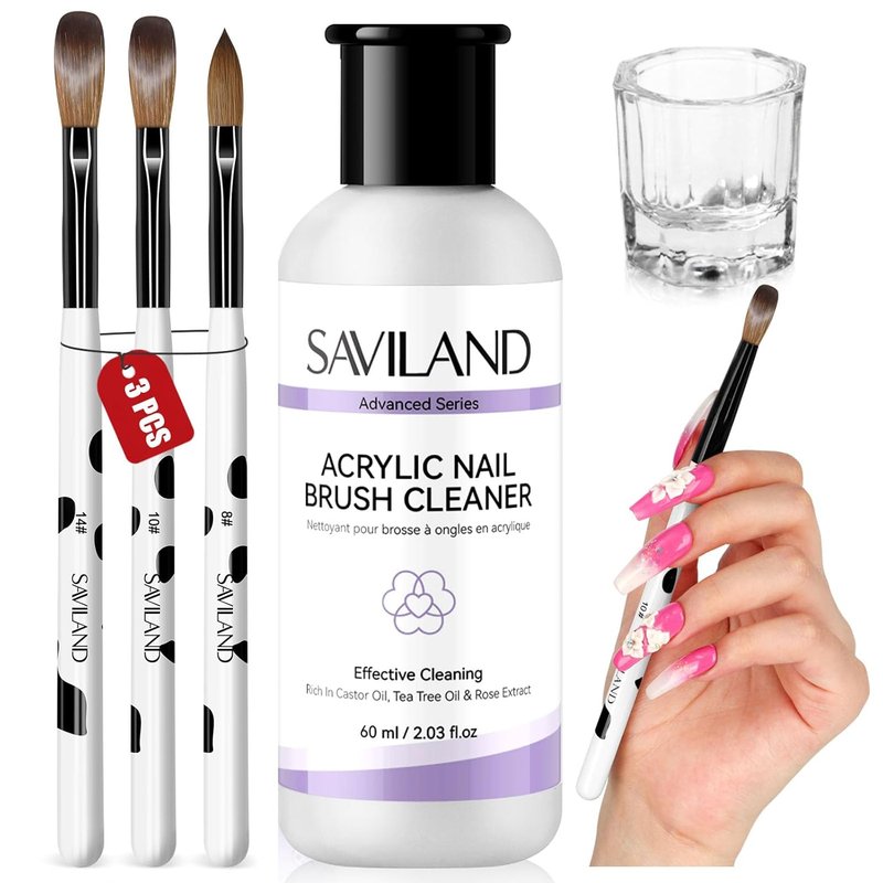 Acrylic Nail Brush Kit - 3 Kolinsky Brushes (Size 8/10/14) & 60ml Cleaner | Plant-Based Formula for Nail Art & Care