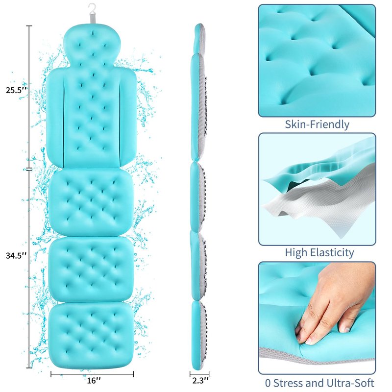 Luxury Bath Cushion, Full Body Bathtub Pillow with 160 Suction Cups, Bath Mat for Head and Neck Support, with Laundry Bag (Blue, 60" x 16")