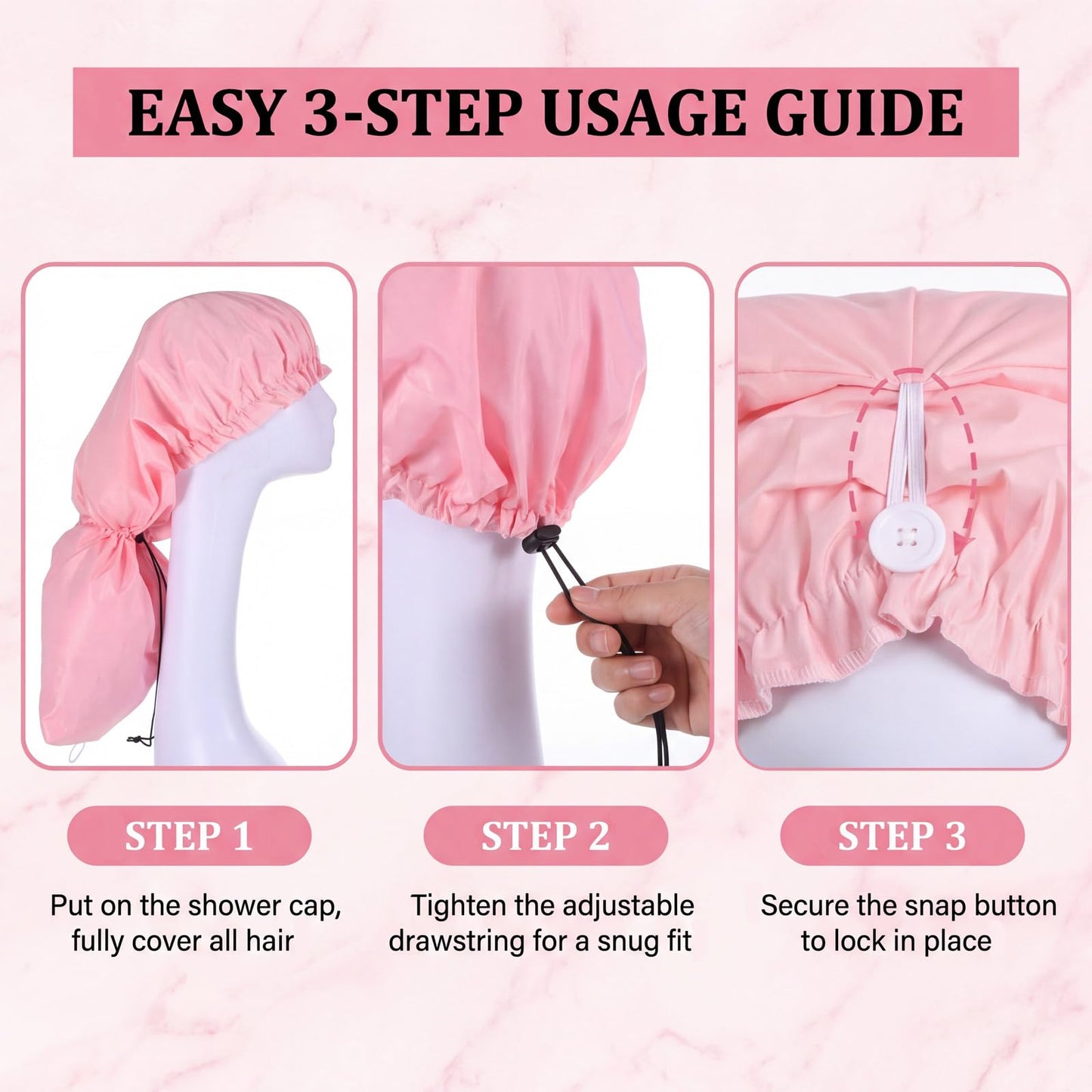 1 Pack Large Shower Caps for Braids – Extra Long Waterproof Hair Bonnet for Women & Men, Reusable XL Bath Cap for Locs, Dreadlocks, Thick Curly Hair, Drawstring Adjustable (Pink)