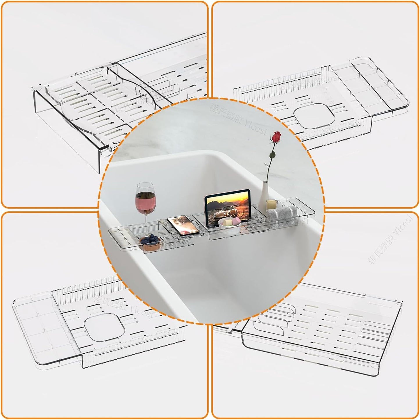 Expandable Bathtub Trays for Tub,Acrylic Bath Shelf Over Tub,with Non-Slip Design iPad Holder for Books Phone，Suitable for Bathtubs with an Internal Width of up to 28 Inch