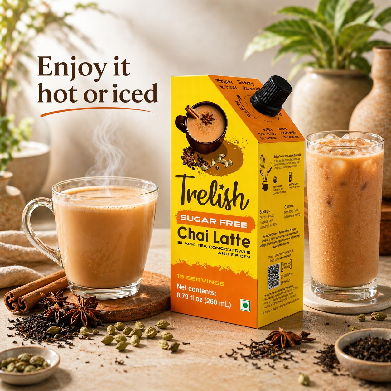 Trelish Sugar Free Chai Latte Concentrate - 13 Servings of Black Tea | Hot or Iced | 8.79 fl oz