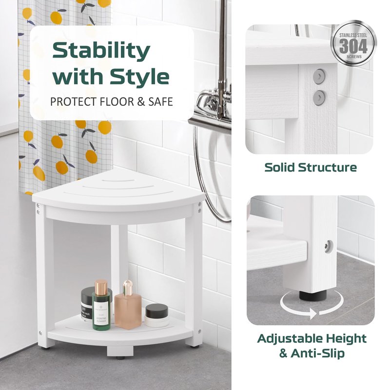 BEKVEM Waterproof Corner Shower Stool for Inside Shower, Poly Lumber Shower Bench Seat Chair, Bath Shower Stool for Shaving Legs Foot Rest with Storage Shelf, Adjustable & Non-Slip Feet, White