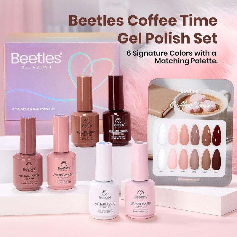Beetles Nude Gel Polish Set - 6 Colors Neutral Pink & Brown | 15ML Soak Off UV LED Nail Kit for Long-Lasting Glossy Finish