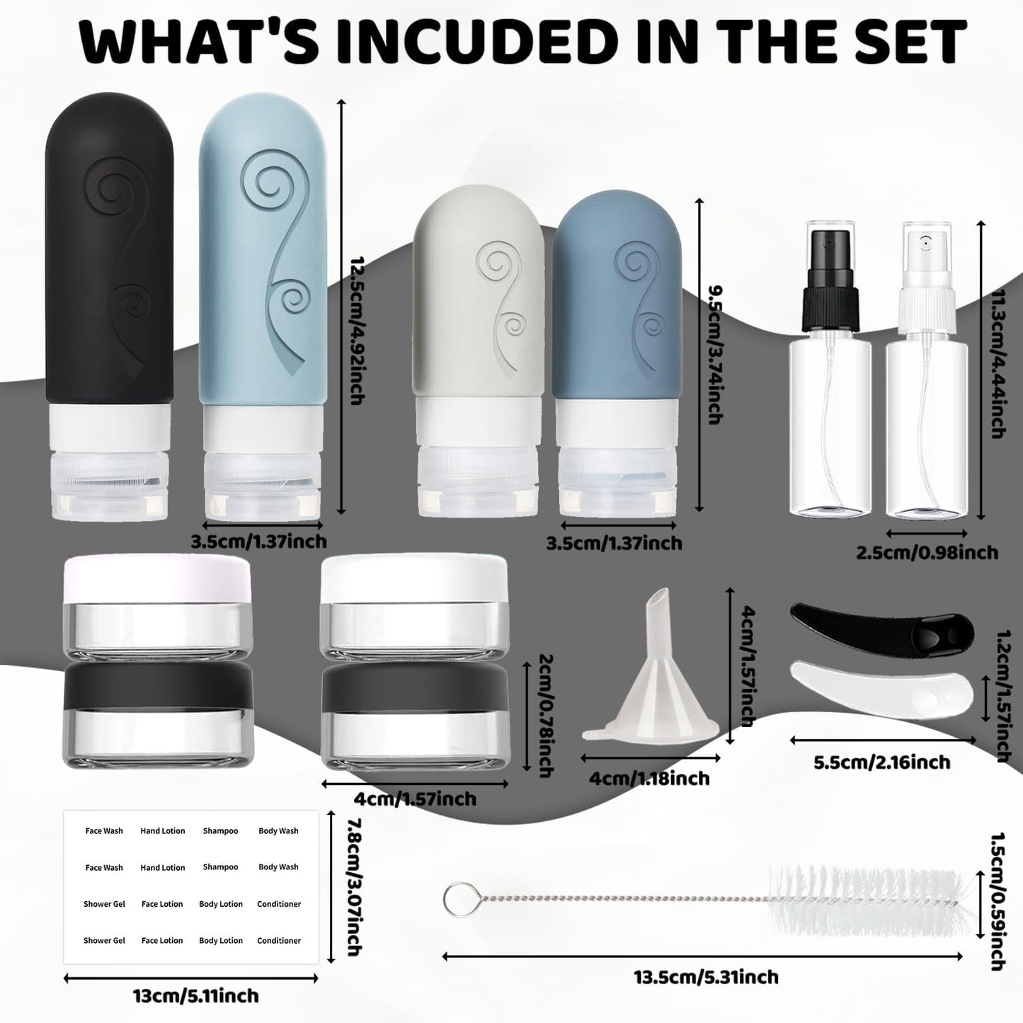 Travel Bottles Set - 16 Pack TSA Approved Silicone Containers | Leak-Proof 2oz & 3oz for Shampoo, Conditioner, Lotion, Body Wash - Black