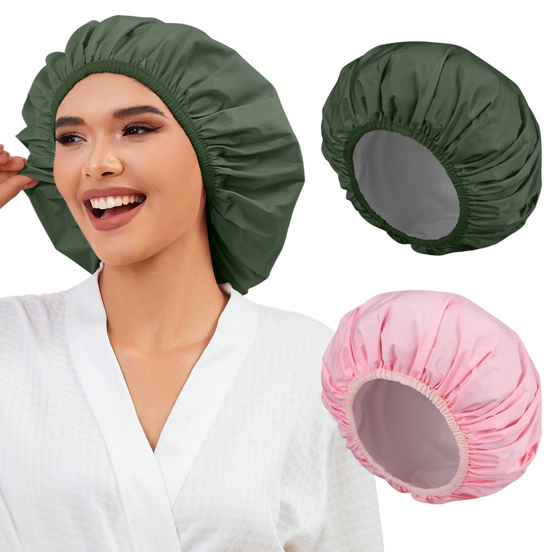 2PCS Reusable Shower Caps for Women, Waterproof Shower Bonnet with Elastic Band for Braids, Long Hair, Thick Hair