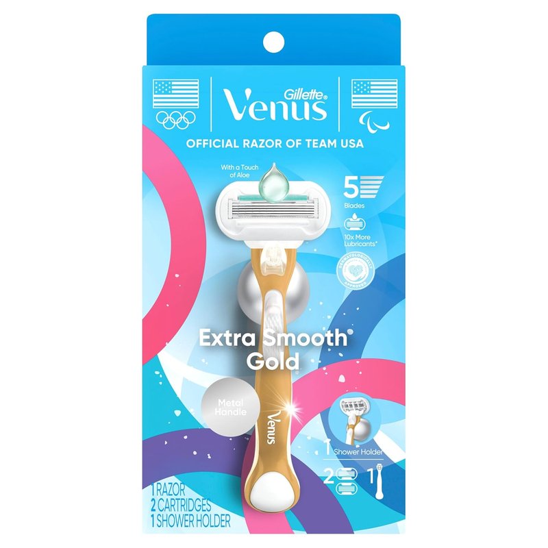 Gillette Venus Extra Smooth Women's Razor - Sensitive Gold Handle with 2 Blade Refills & Shower Holder