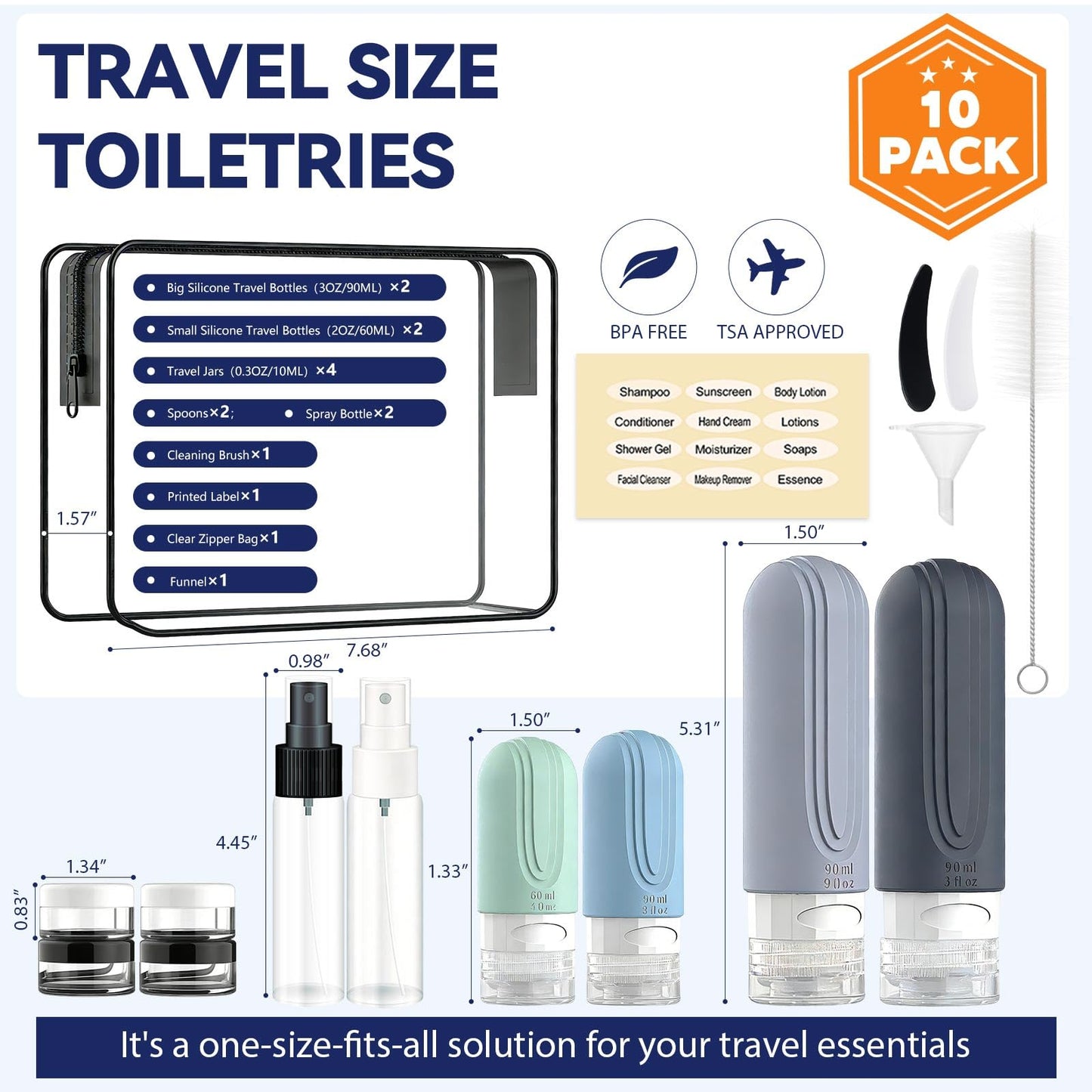 YIIMER Travel Bottles for Toiletries 10 Pack, TSA Approved Travel Size Toiletries Essentials Containers Set, Leak Proof Silicone Bottles Kit, Refillable Liquid & Creams Accessories (GRAY)