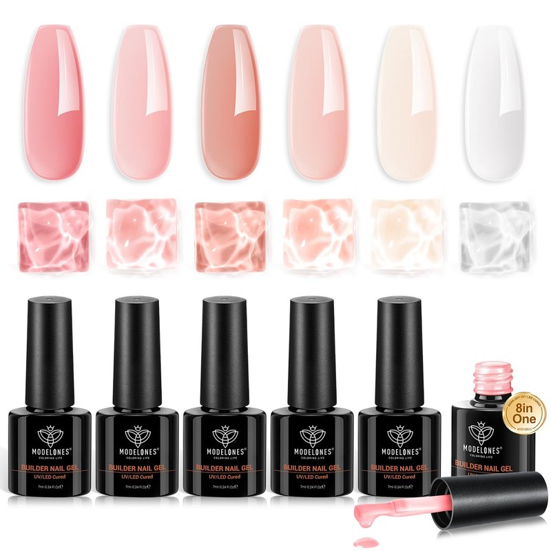 modelones Gel Polish Builder Nail Set, Base Colors 8-in-One Jelly Nude Pink Clear Builder Nail Gel for Nails Strengthener Hard Extension Rubber Lamp Cured 6 Colors