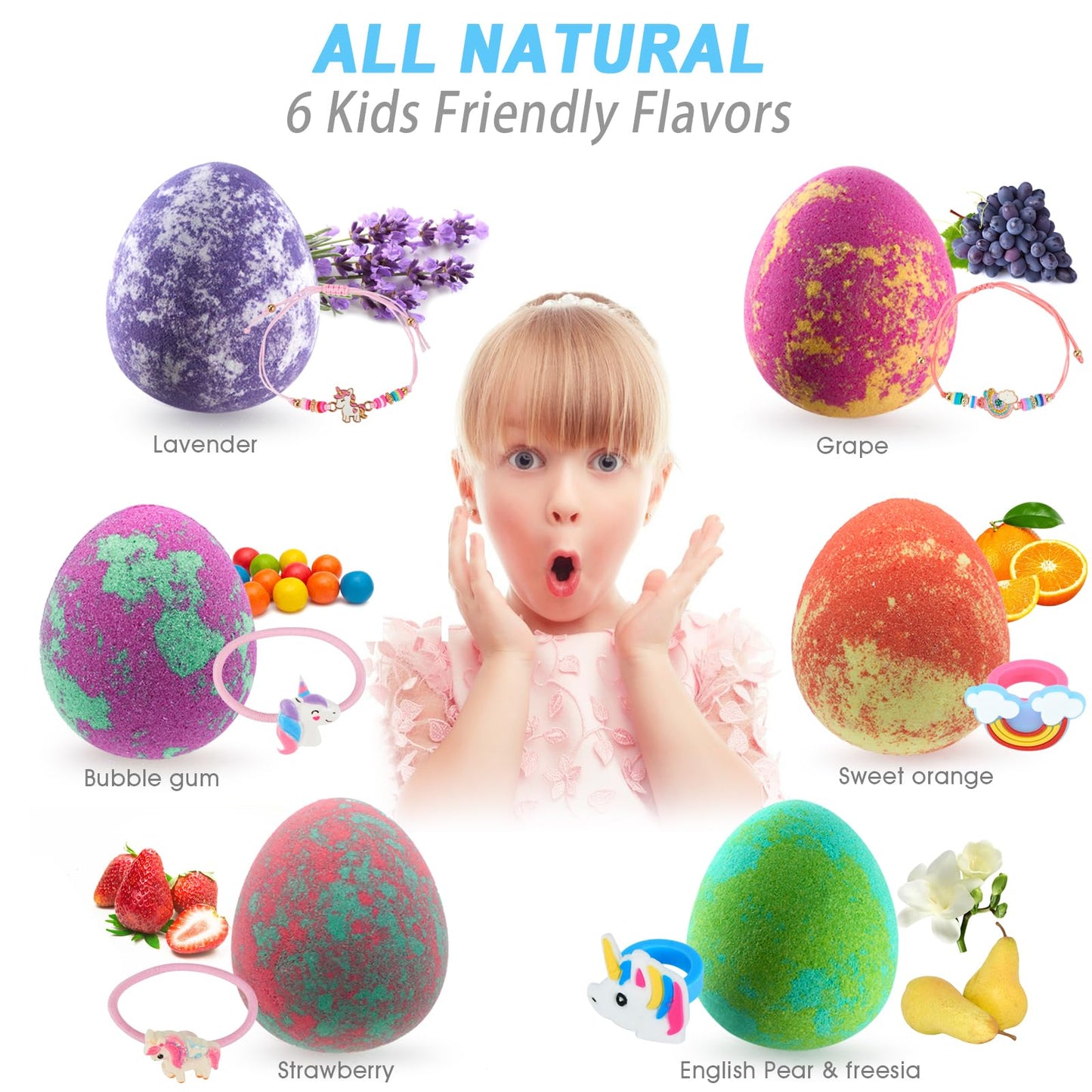 Easter Bath Bombs for Kids with Surprise Inside- Dino Egg Bath Bombs for Girls, 6 Pcs Bubble Bath Bomb, Dinosaur Bathbombs Gift Set, Unicorn Jewelry for Girls, Birthday Gifts, Easter Basket Stuffers