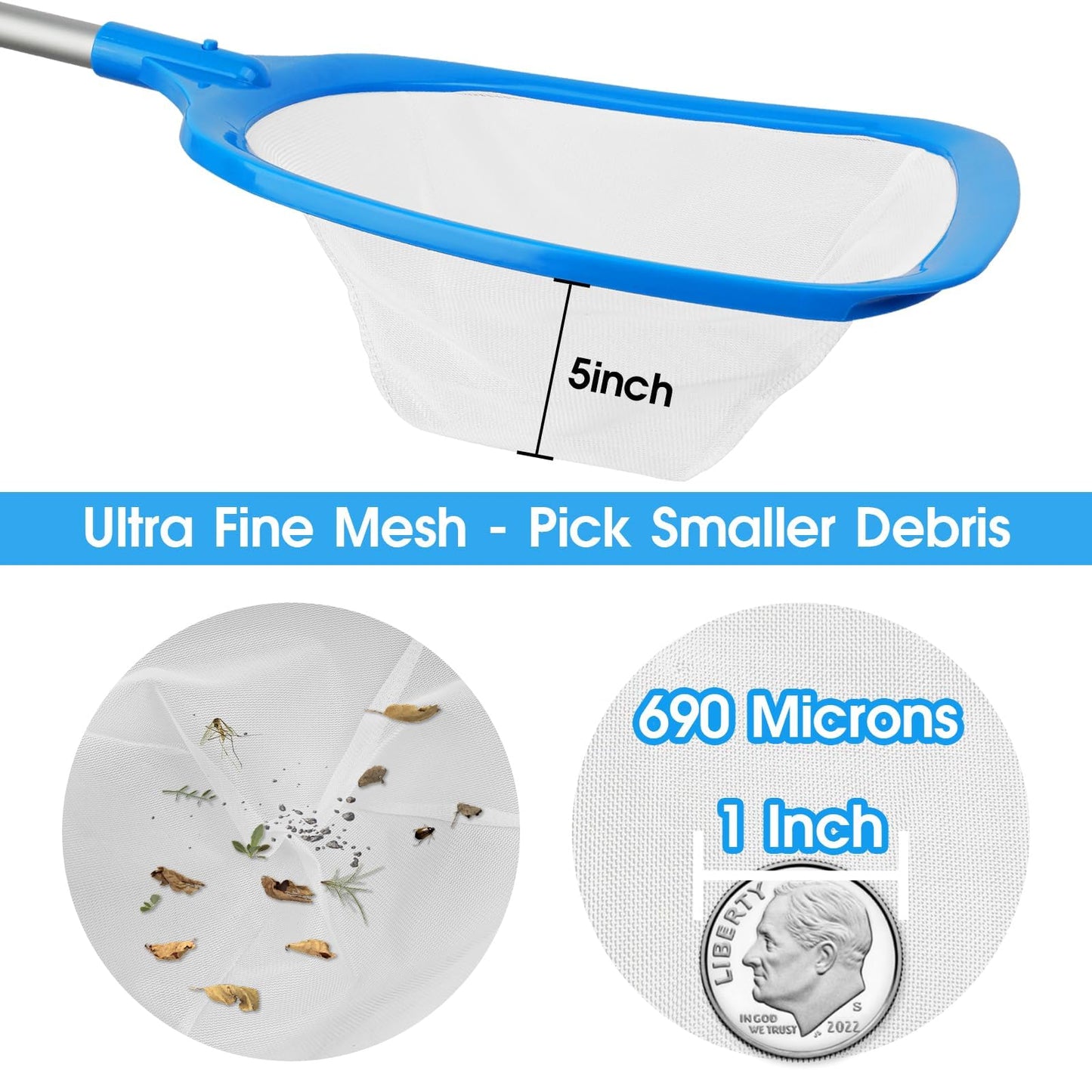 TidyMister Hot Tub Skimmer Spa Net with 12'' Aluminum Pole Ultra Fine Mesh Net Handy Leaf Skimmer for Small Above Ground Pools Pick Up Fine Debris Lightweight Net