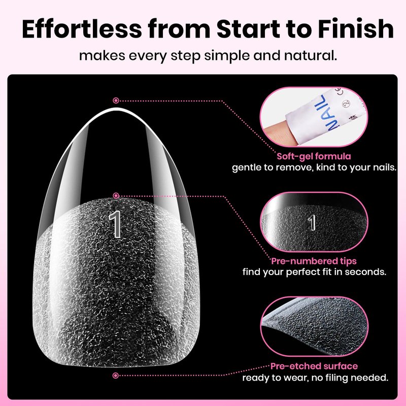 Beetles Short Almond Nail Tips, 320pcs 16 Sizes(00-14), Pre-Etched Half-Matte Full Cover Soft Gel Nail Tips Flat-X, Clear Press On False Nail Supplies, Easy DIY Nail Extension Salon Gift for Women