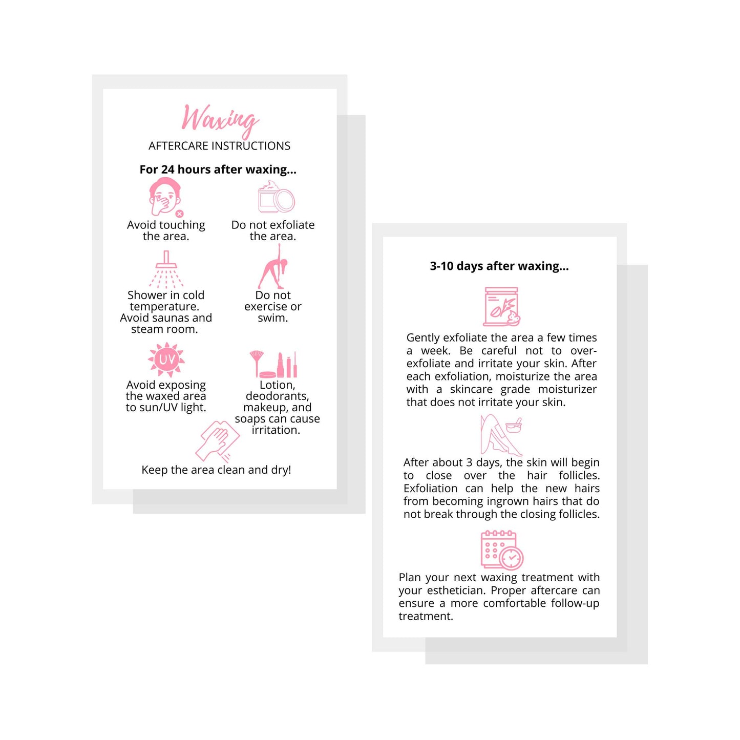 Waxing Aftercare Cards | 50 Pack | Size 2 x 3.5” inches Business Card Size | Waxing Aftercare Kit Cards PMU | Aftercare Instructions White with Pink Icons Design