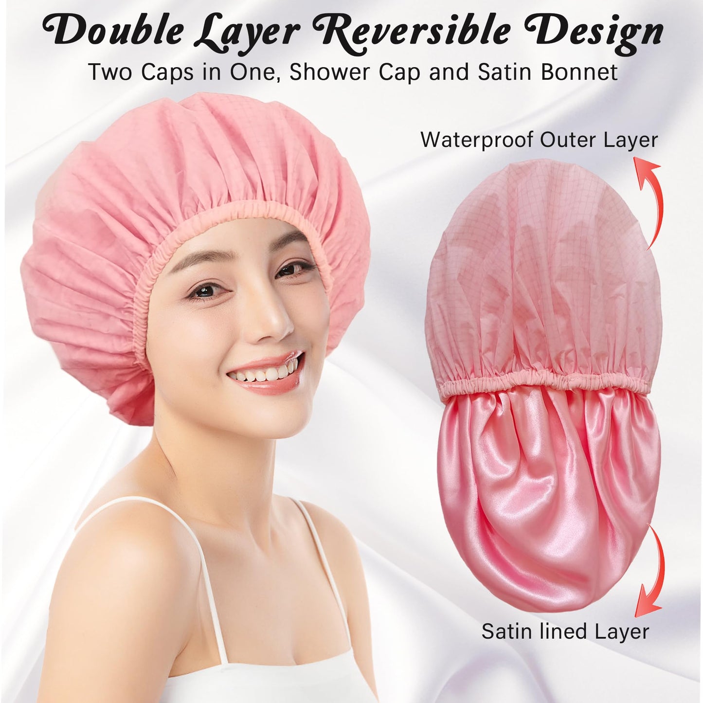 Shower Cap for Women, Shower Caps for Women Reusable Waterproof, Satin Lined Shower Cap, Hair Cap for Shower, Large Plastic Double Layers Bath Caps for Curly Hair Braids