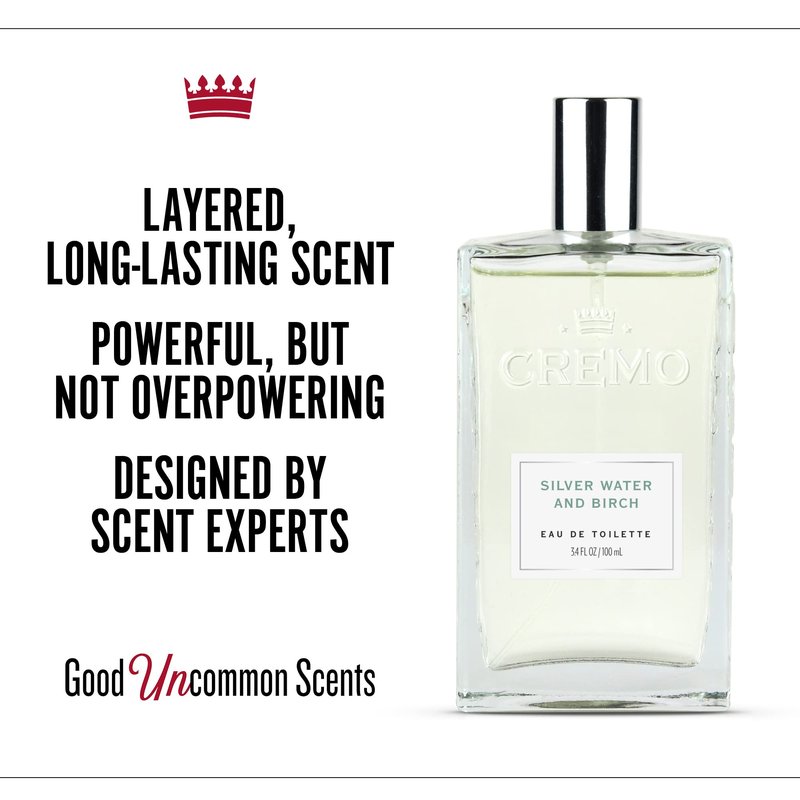 Cremo Silver Water & Birch Cologne Spray, A Crisp Scent with Notes of Forest Moss, Lavender and White Birch, 3.4 Fl Oz