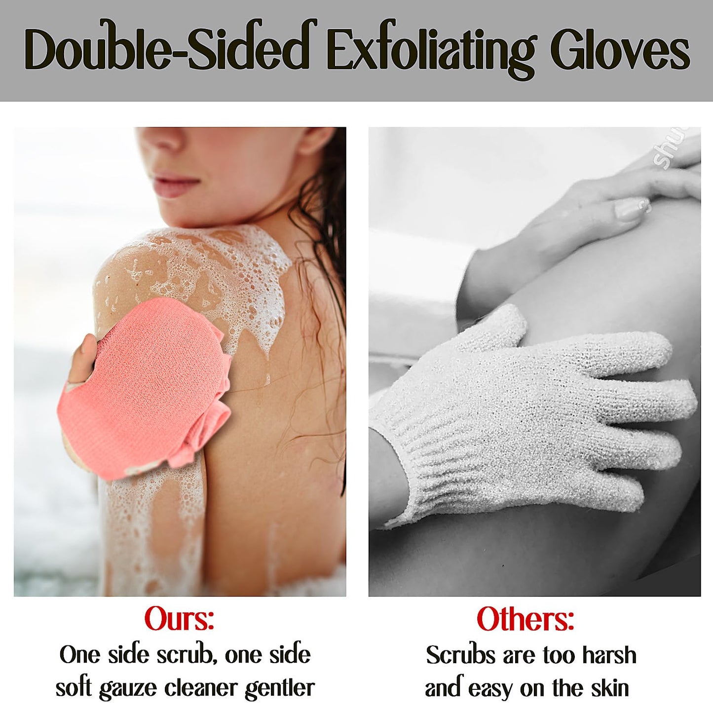 Deep Exfoliating Mitts (2pcs) Double-Sided Gloves for Shower, Body Massage Scrub & Bath Loofah Sponge，Skin Exfoliator, Dead Skin Remover (Pink & Blue)