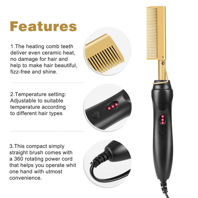 AIHOPESTO Electric Hot Comb Hair Straightener - Heat Pressing Comb Portable Curling Flat Iron Curlers High Heat Ceramic Press Comb - Professional Electrical Straightening Comb