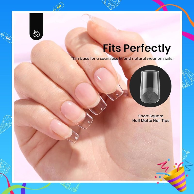 Beetles Gel Nail Tips - Pre-Etched Half Matte Square Short | 288 Pcs in 12 Sizes for Easy DIY Nail Extensions