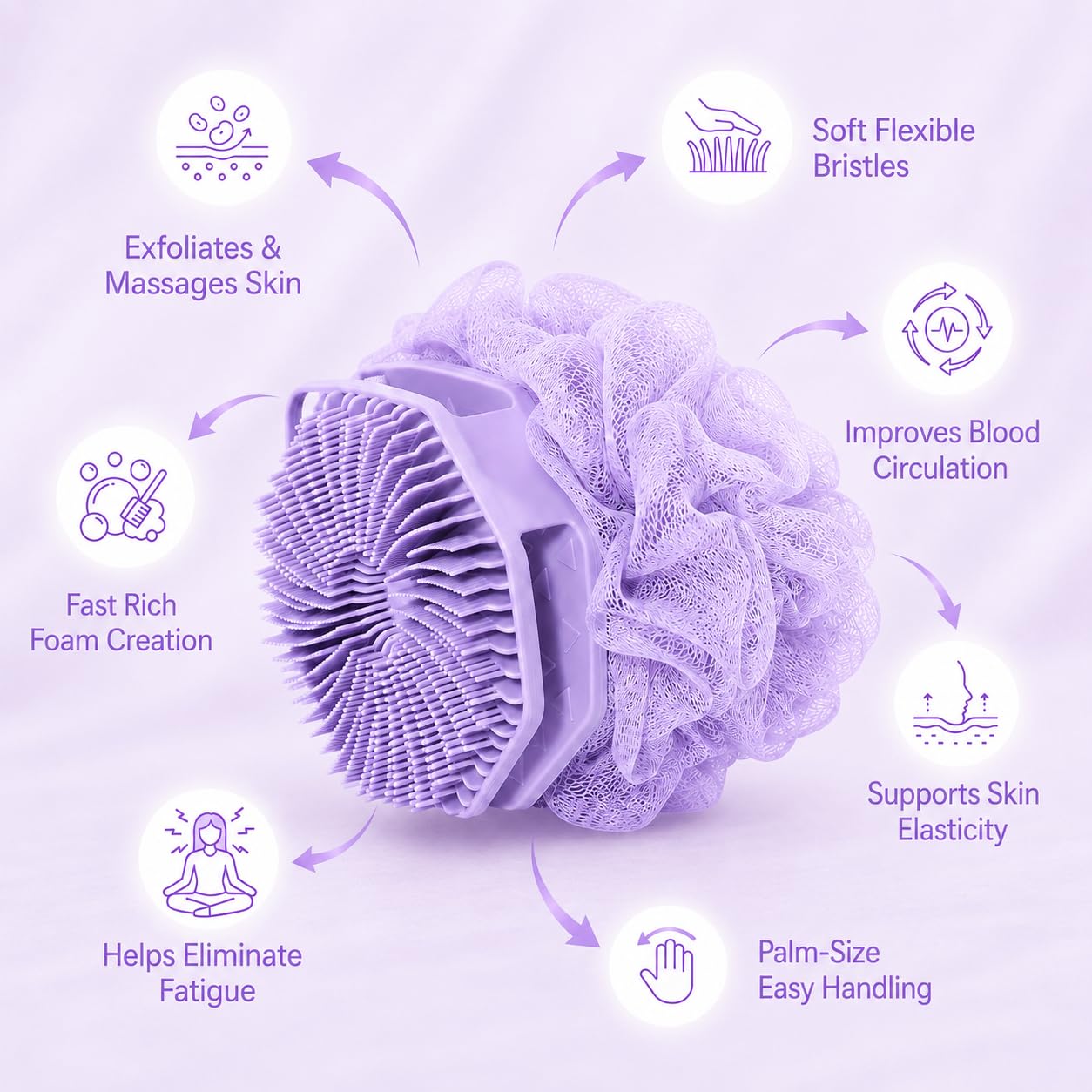 2-in-1 Silicone Body Scrubber & Mesh Loofah Sponge – Exfoliating Silicone Shower Scrubber with Soft Loofa Puff, Bristles, Non-Slip Grip, Quick Dry, Hygienic Body Scrubber for Women & Men
