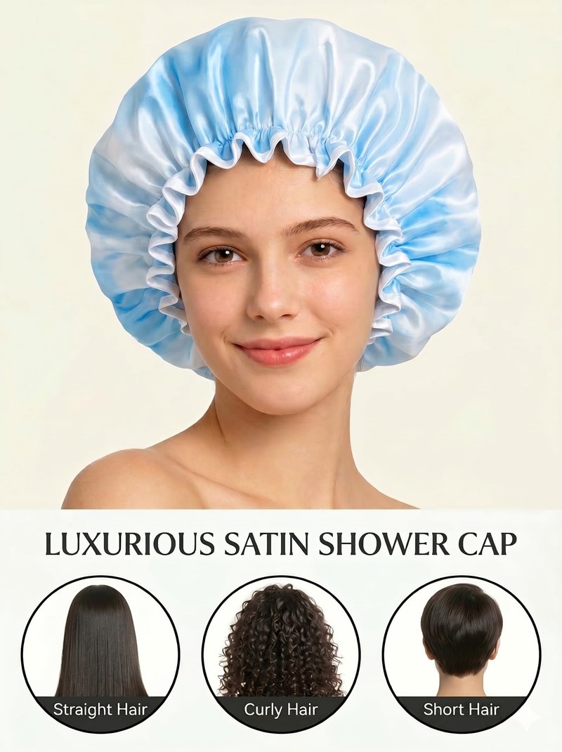 Aquior Shower Caps, Reusable Shower Cap for Women, Double Layer Waterproof Hair Cap, Large Size for All Hair Lengths,for Girls Spa Home Salon Use (Blue Cloud)