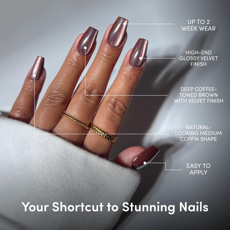 Glamnetic Press On Nails - Brown Medium Coffin Fake Nails with a Velvet Finish | Salon Quality Vacation Nails | Espresso Glow |15 Sizes - 30 Nail Kit with Glue