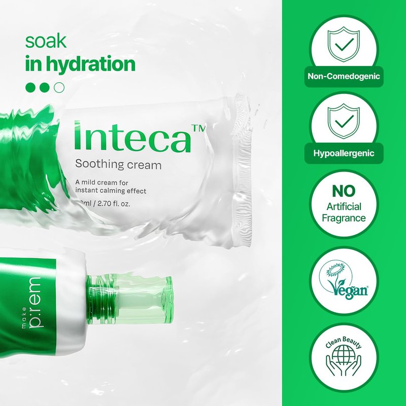 MAKE P:REM INTECA Soothing Cream, Quick Calming Facial Cream with Advanced CICA for All Skin Types, Oily Skin, EVE VEGAN, Korean Skin Care, 3.38 fl.oz. (100ml)