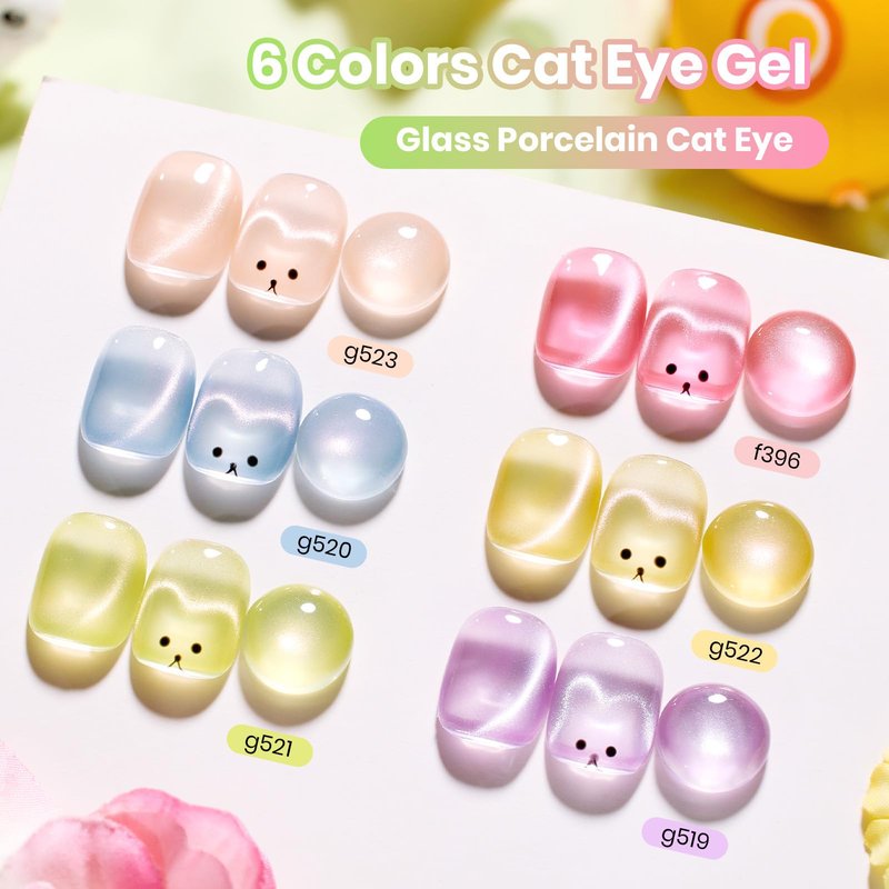 Beetles Cat Eye Gel Nail Polish Set - Sugar Meadow 6 Colors Summer Cat Eye Pastel Gel Polish Kit Glitter Pink Purple Green Blue Orange Peach Yellow Magnetic Soak Off UV Manicure Gift for Women