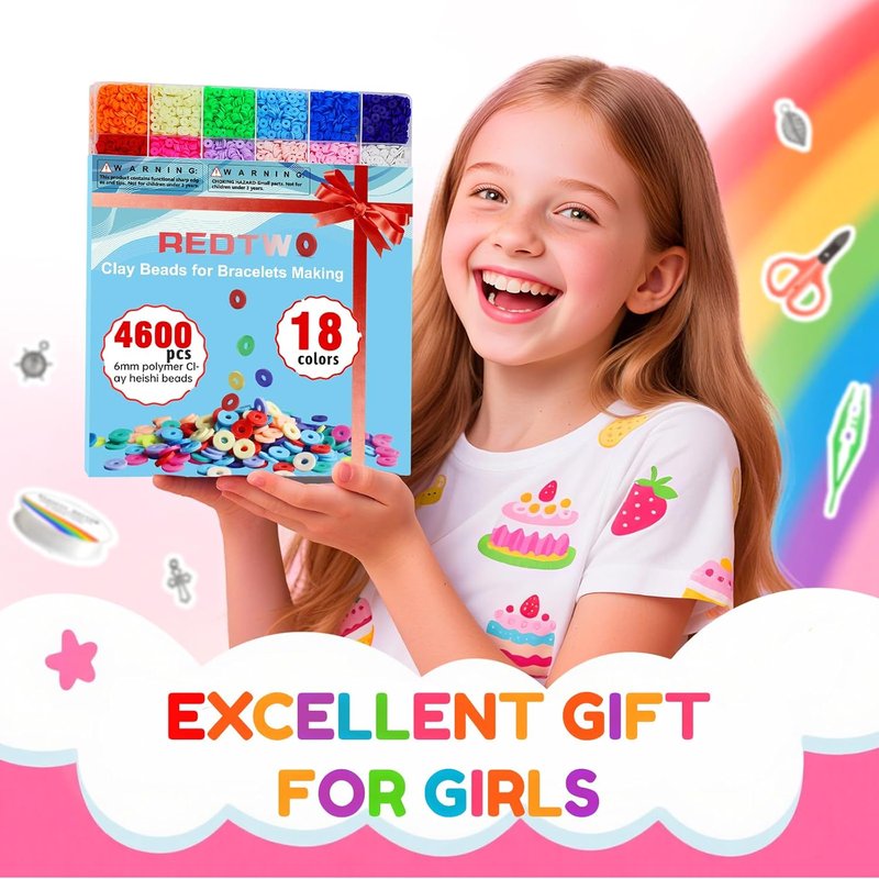 Redtwo 5100 Clay Beads Bracelet Making Kit - Flat Preppy Polymer Heishi Beads with Charms for Friendship Jewelry | Perfect Craft Gift for Girls Ages 8-12