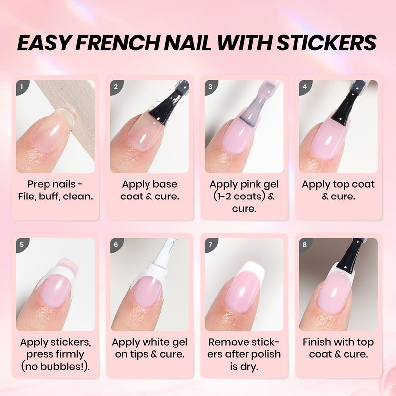 Beetles French Tip Gel Polish Set - Spring White Pink Gel Nail Polish Set 15ML Full Size Soak Off UV LED with 2 Styles Classic French Nail Art Sticker Sheets Manicure DIY Home Salon Gifts for Women
