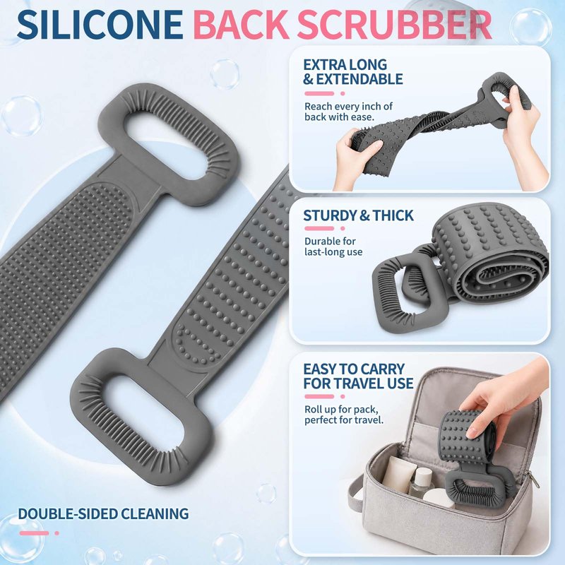 Manmihealth Silicone Back Scrubber for Shower & African Net Sponge Net Set, 36'' Dual-Sided Back Washer & African Long Bath Sponge, Extendable Long Silicone Body Brush(Gray+Black)