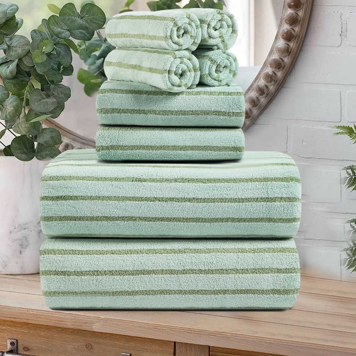Oliven 8 Pcs Green Cabana Stripe Large Bath Towel Set Oversized Bath Sheet-2 Bathroom Towels,2 Hand Towels,4 Washcloths Soft Jumbo Absorbent Shower Towel Quick Dry Beach Chair Spa Gym Hotel Towel