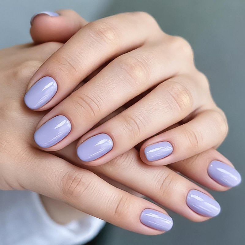 32Pcs Short Oval Press on Nails Light Purple Fake Nails Solid Color Glossy Full Cover Stick on Nail Easy Apply Reusable Artificial Manicure Kit for Women