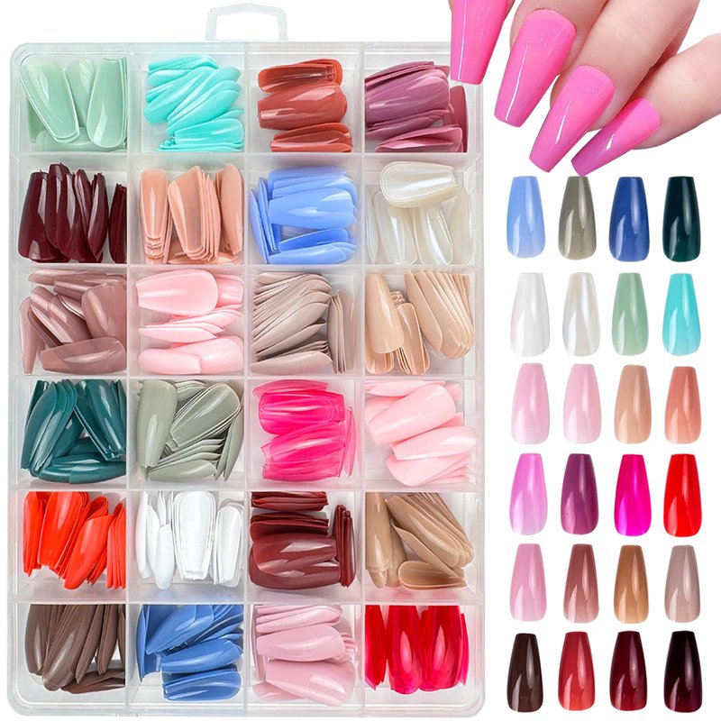 576 Pcs Press on Nails Medium Coffin Fake Nails Solid Color False Nails 24 Color Coffin Acrylic Glue on Nail Reusable Artificial Nails Stick on Nail for Women Manicure