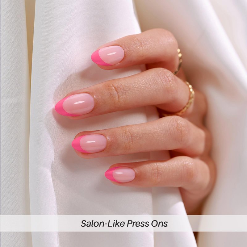 Pink French Tip Press on Nails Almond - SHANGMENG Soft Gel Press on Nails Short for Women Gift, Naturally Fit Glue on Nails in 16 Sizes - 32 Reusable Fake Nails Kit with Glue, Dolce Pink