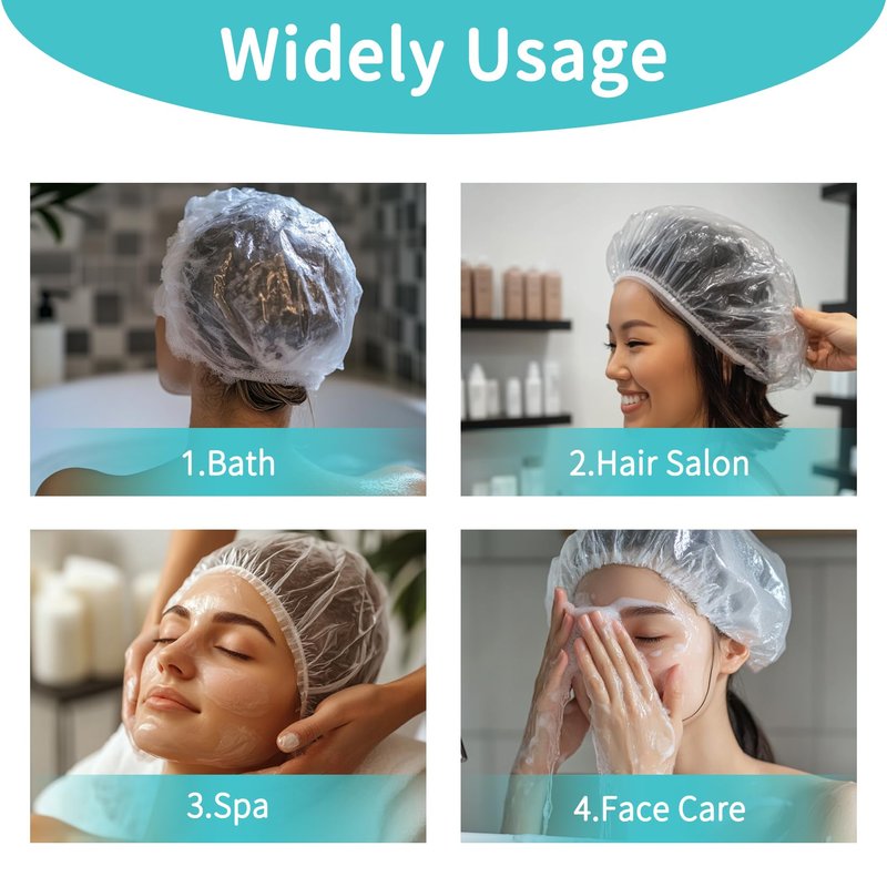 RAQEHO Disposable Shower Caps 100pcs - Large Clear Plastic Shower Cap for Women Men Long Hair Reusable Waterproof Deep Conditioning Oil Treatment Hair Cap for Sourdough Bread Hair Dye Travel Essential
