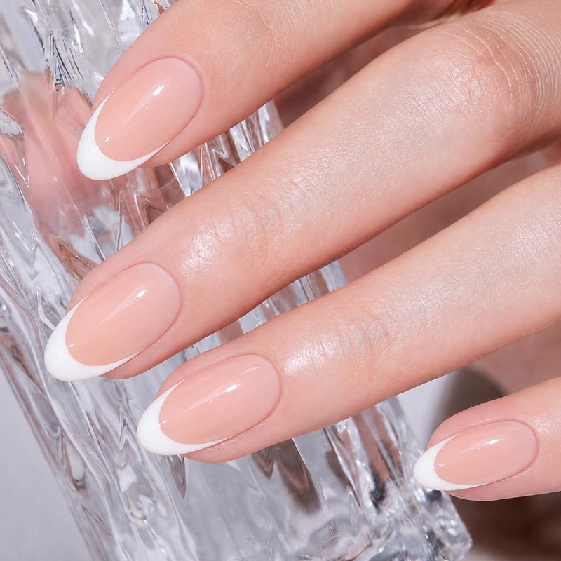 Modelones French Tip Press on Nails Almond, Summer Short Almond Fake Nails for Women, Reusable Nail Kit with Nail Glue Adhesive Tabs Mini Nail File, Nails Press Ons 32Pcs 16 Sizes ﻿