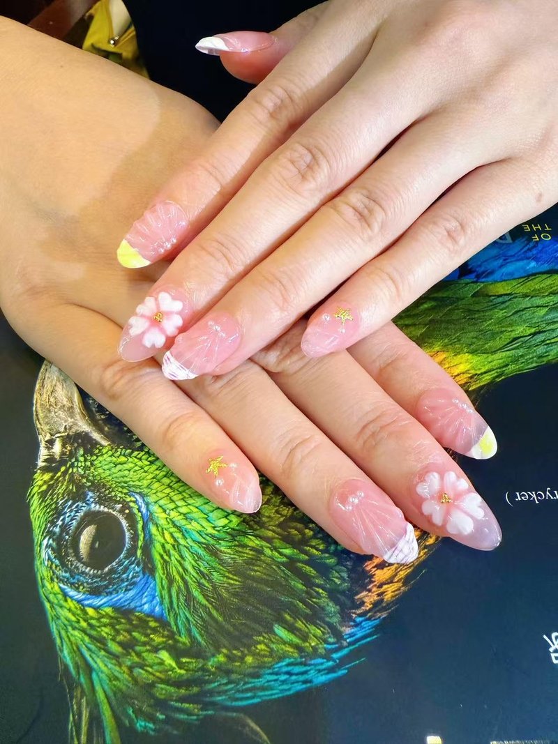 10 Short Almond Handmade Press On Nails | 3D Floral Gradient Color with Cute Starfish & Seashell,New styles for Autumn & Winter | Skip Salon Trips, Easy to Apply & Remove, Reusable (SeafishA02, XS)