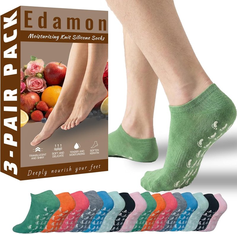 Moisturizing Gel Socks for Dry Feet - Intensive Overnight Care | 3 Pairs in Black, Orange & Green, Size S