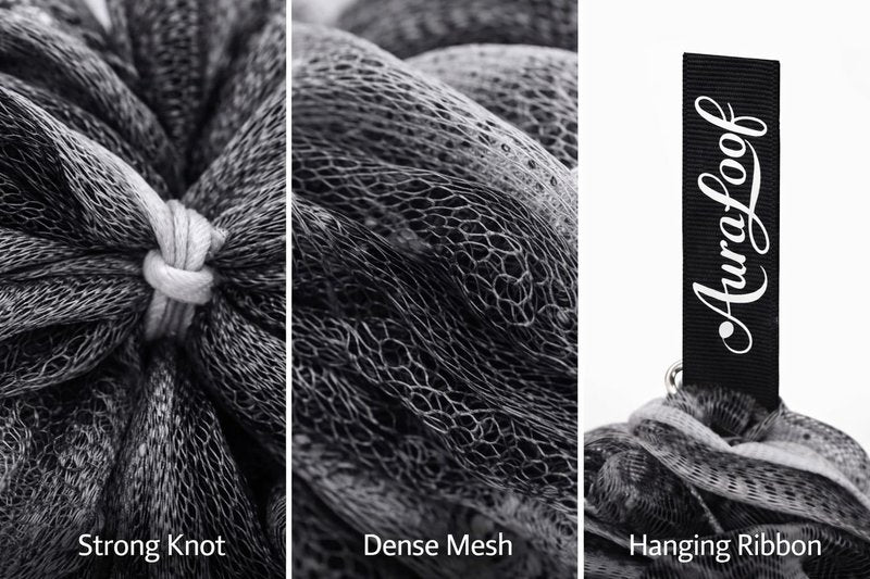 Charcoal Shower Loofah 60g - Extra Soft Bath Sponge with Hanging Ribbon, Durable Mesh Body Scrubber for Men & Women