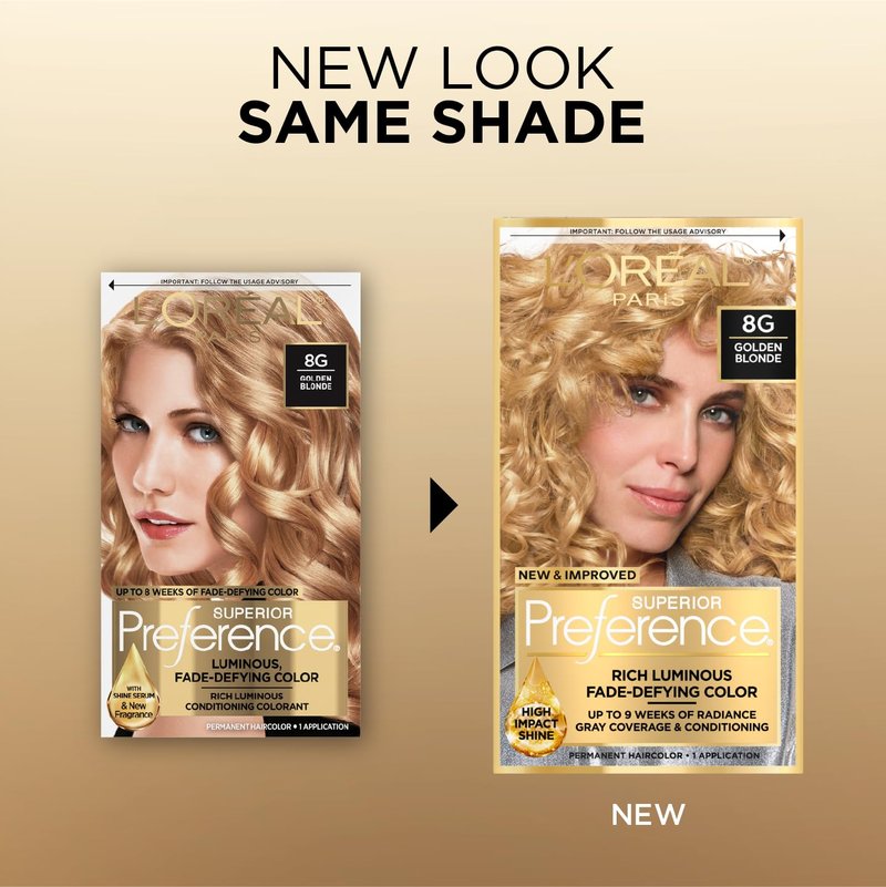 L'Oreal Paris Superior Preference Luminous Fade-Defying Permanent Hair Color, Hair Dye For Up to 9 Weeks of Radiance, Golden Blonde 8G, 1 Hair Dye Kit