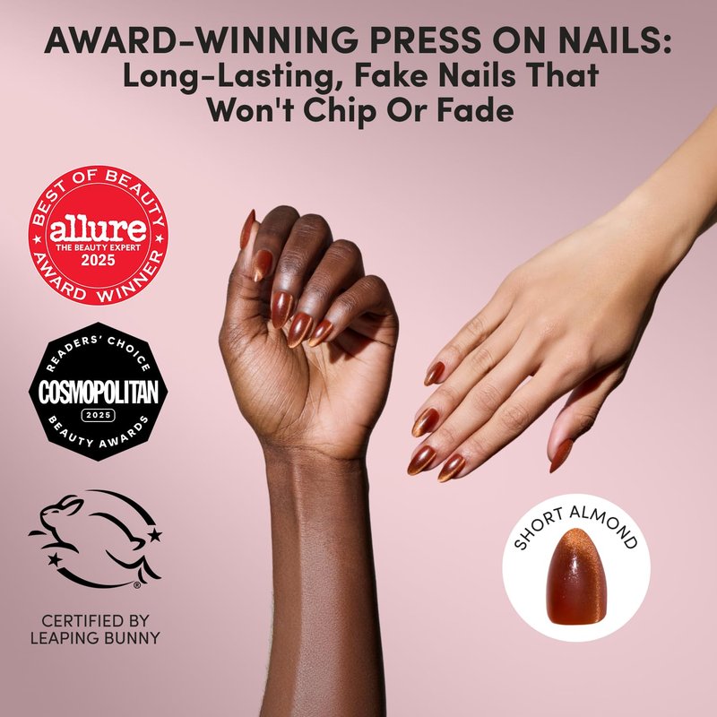 Glamnetic Press On Nails - Brown Short Almond Fake Nails with a Velvet Finish | Salon Quality | Summer Nails | Sicilian Sun |15 Sizes - 30 Nail Kit with Glue