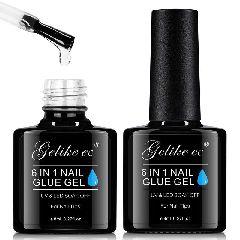 Gelike EC 6 in 1 Nail Glue Gel: 2 Pcs Nail Glue for Acrylic Nail Tips - 28+ Days Long Lasting Nail Gel Kit for False Nails Tips, Base Blooming Nail Gel, U V Light Required, Gift for Women