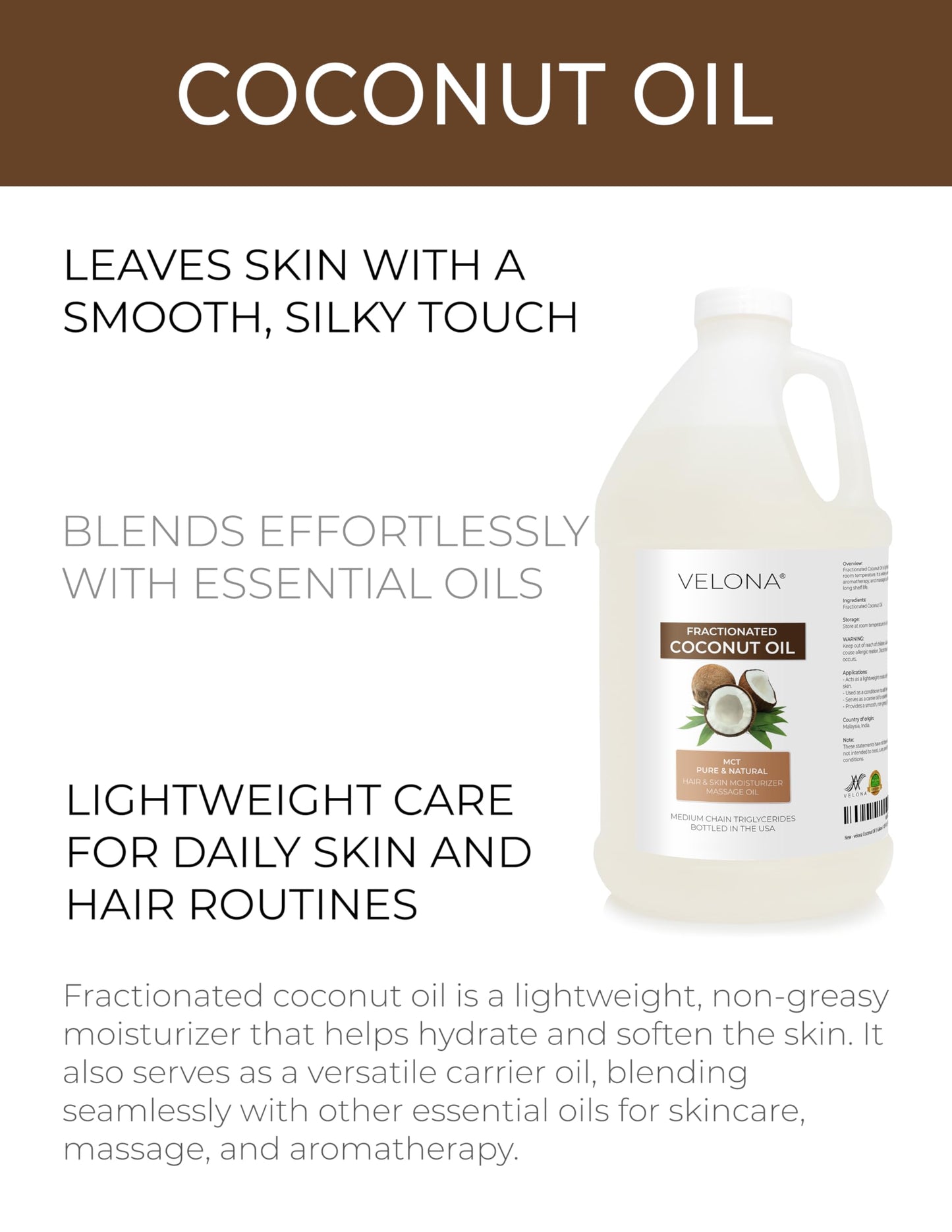 velona MCT Coconut Oil 1 Gallon / 128 Fl Oz | 100% Pure and Natural Carrier Oil | Fractionated | Skin, Face, Body, Hair Care | Use Today - Enjoy Results