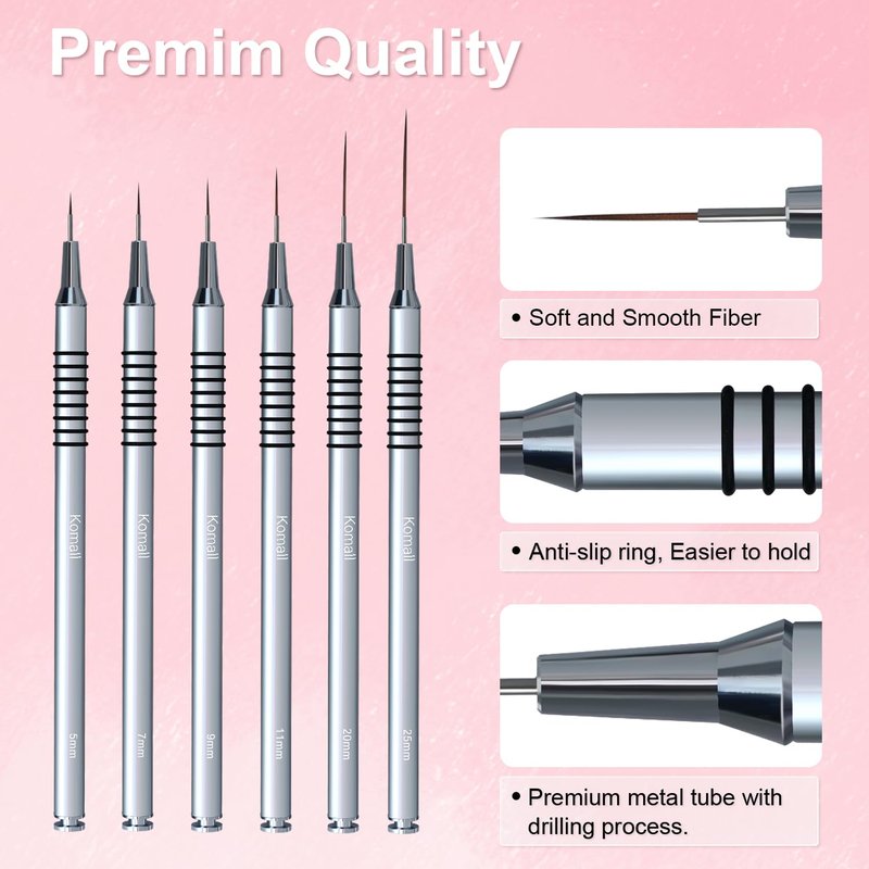 Metallic Nail Art Brushes - 6-Piece Non-Slip Liner Brush Set for UV Gel Polish | Fine Detailing Sizes 5-25mm (Silver)