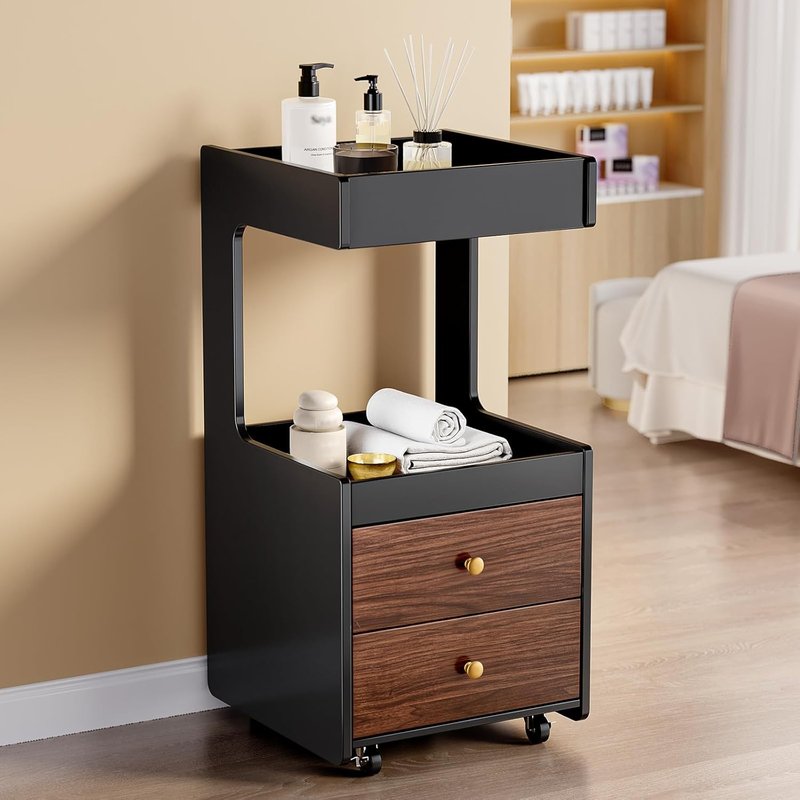 OmySalon Salon Trolley Cart - Mobile Esthetician Storage with Wheels | 2 Drawers, Open Shelf, Black Walnut