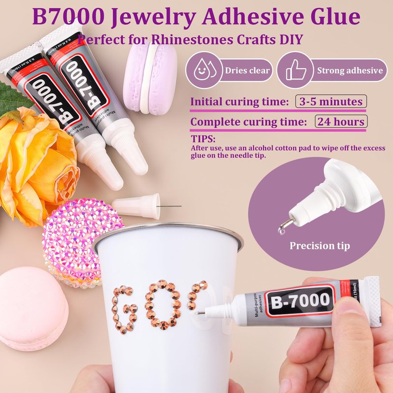 Resin Jelly Rhinestones for Crafting with B7000 Jewelry Glue, 1 Box Champagne Flatback Crystal with 3Pcs 10ml Glue, Bedazzling Non Hotfix Gems for DIY Tumblers Clothing Shoes Manicure