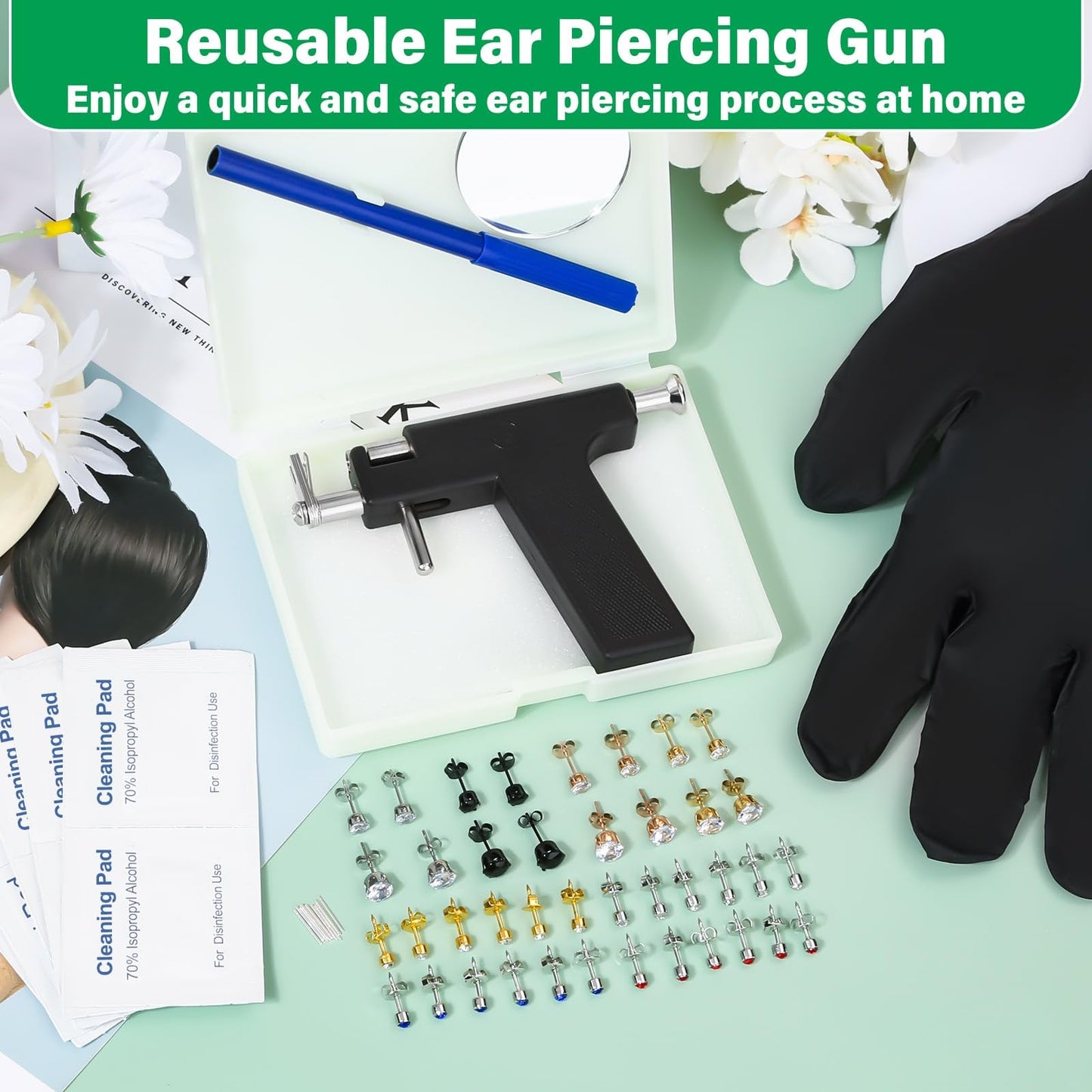 Reusable Ear Piercing Gun Kit, Professional Ear Piercing Machine with Stainless Steel Piercing Earrings Studs, Crystal Earrings for At Home Salon Earlobe Cartilage Helix Tragus Piercing Tool Set