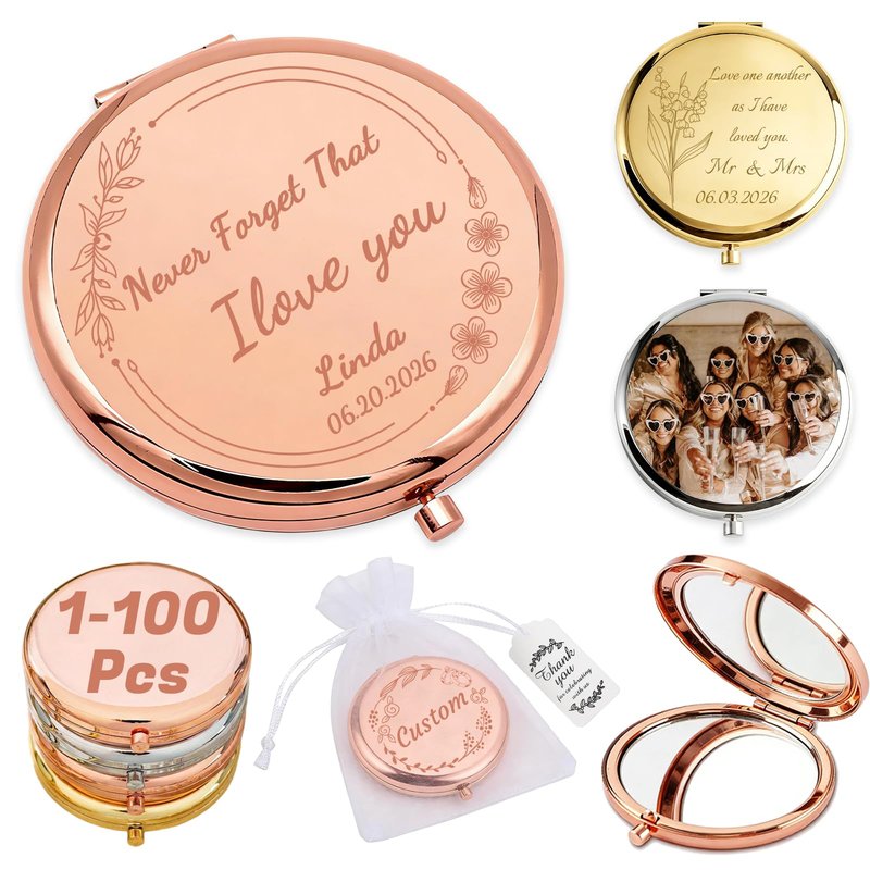 HJX Personalized Compact Mirror Bulk, Custom Pocket Mirror for Women, Small Cute Purse Mirror for Wedding Favors, Bridesmaids, Graduation, Galentine & Sisterhood Gifts (1)